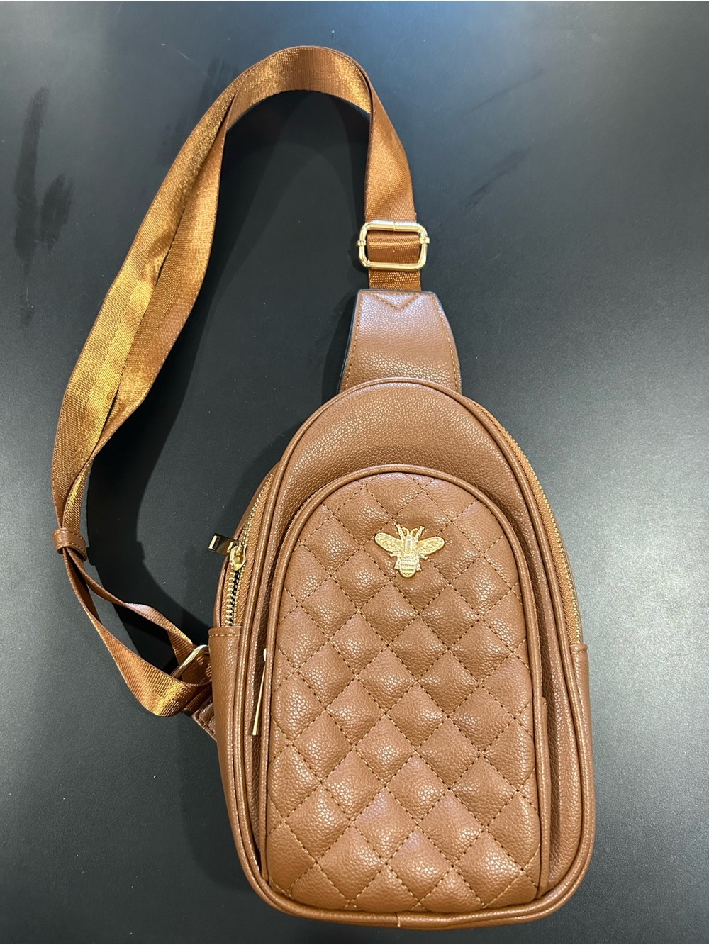 Quilted Brown Crossbody Sling Bag with Gold Bee Emblem